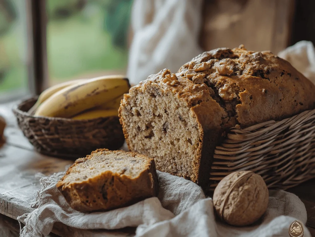 Freshly baked banana walnut bread loaf on a wooden cutting board, sliced to reveal moist texture and crunchy walnuts