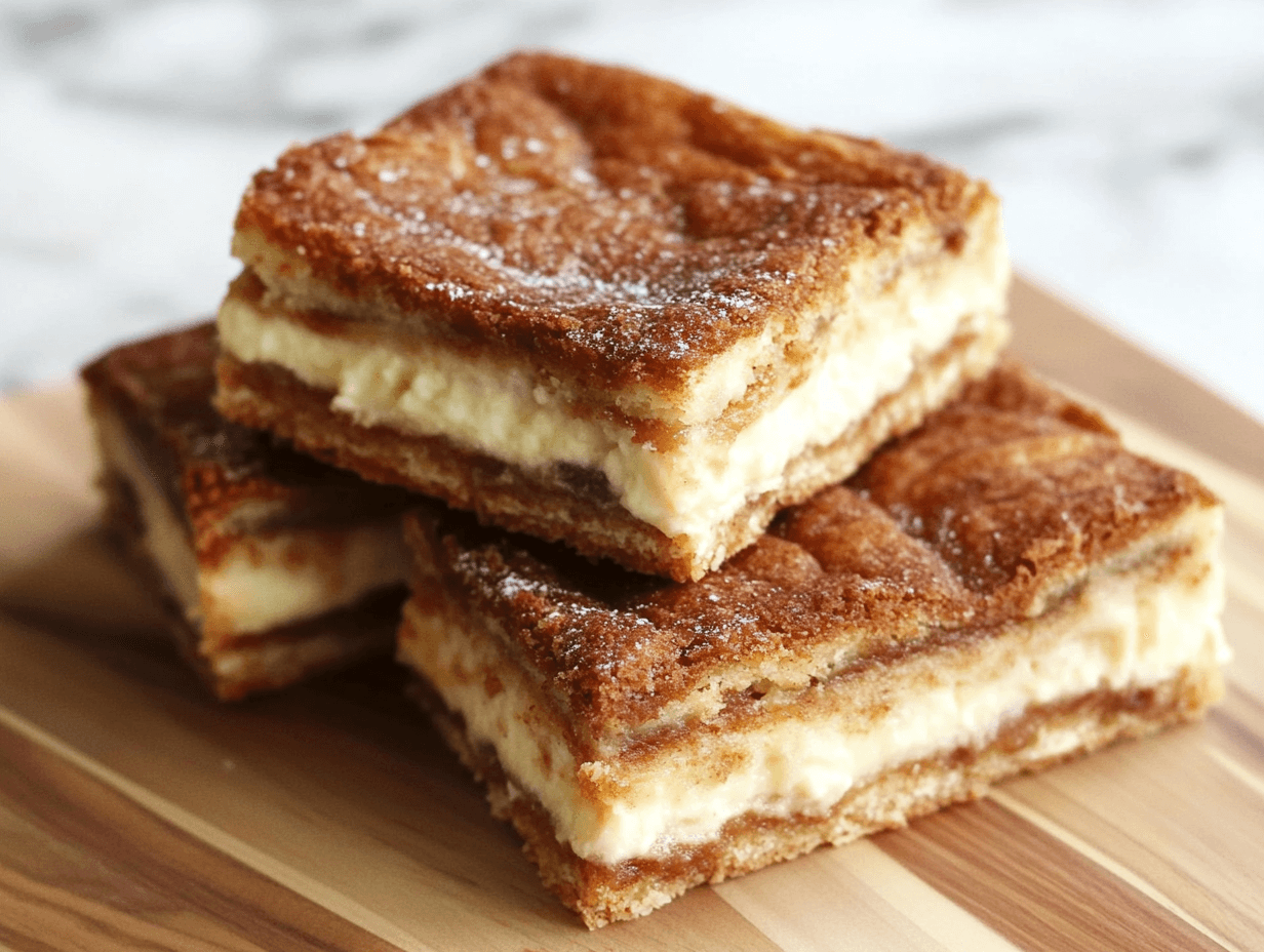 Close-up of cheesecake churro bars with cinnamon sugar topping