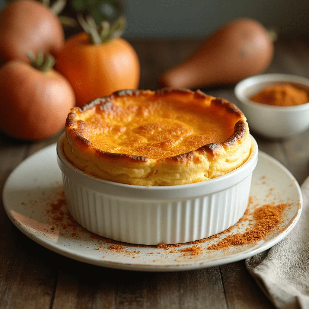 Delicious sweet potato soufflé with a golden, fluffy top served in a dish.