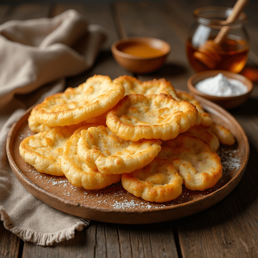 Golden, crispy Native American fry bread served on a wooden plate with bowls of honey, powdered sugar, and jam on a rustic wooden table.