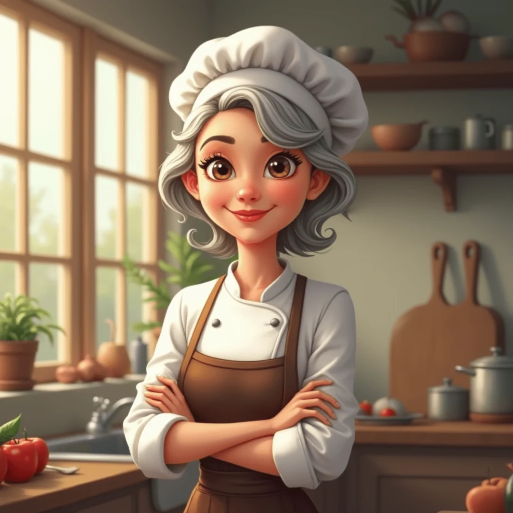 A warm and friendly woman chef with soft features, gray hair peeking out from a chef’s hat, wearing a white coat and apron, standing in a cozy kitchen.