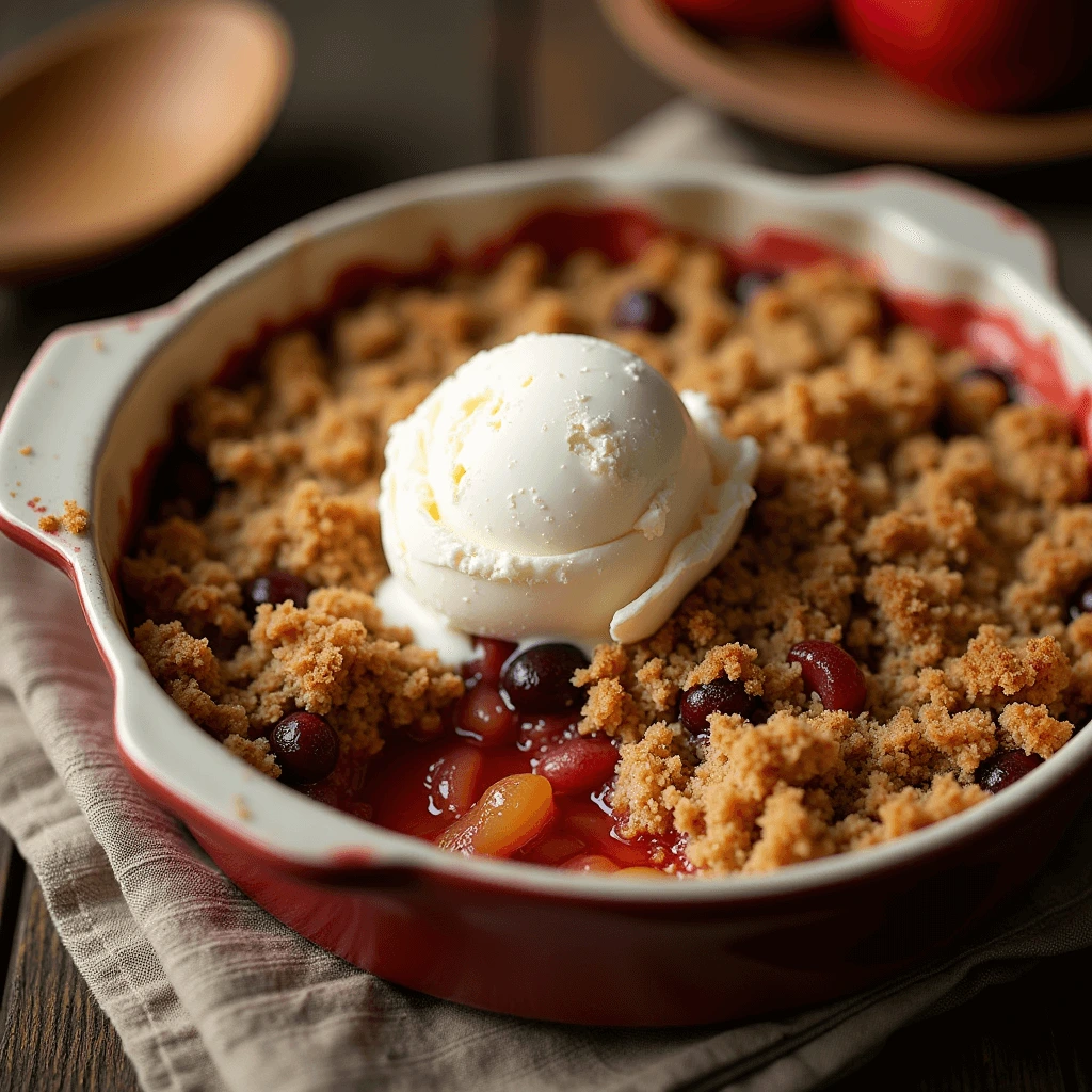 Delicious homemade oatmeal crumble served with a scoop of vanilla ice cream