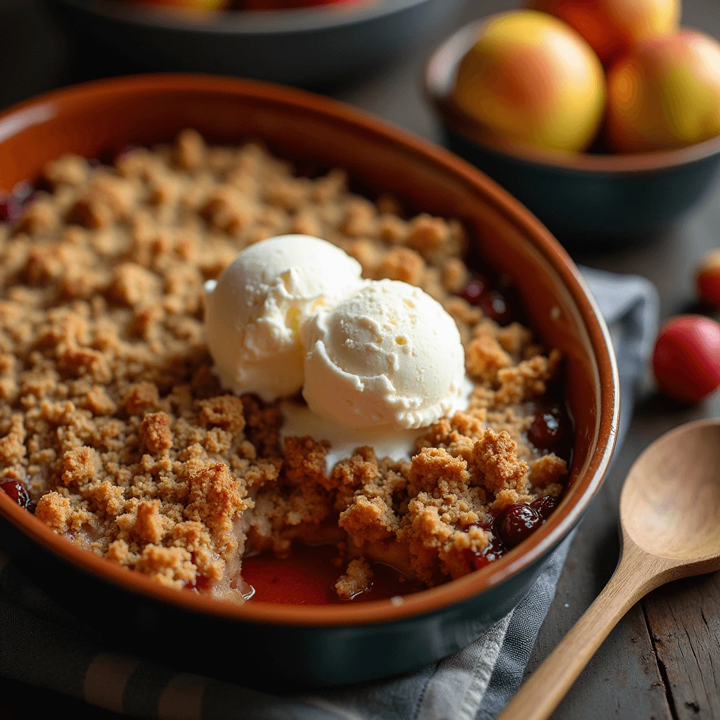 Freshly baked oatmeal crumble with a golden crispy topping and soft fruit underneath