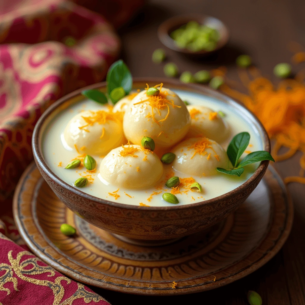 Homemade rasmalai with soaked rasgullas in sweet milk syrup, garnished with saffron, pistachios, and almonds.