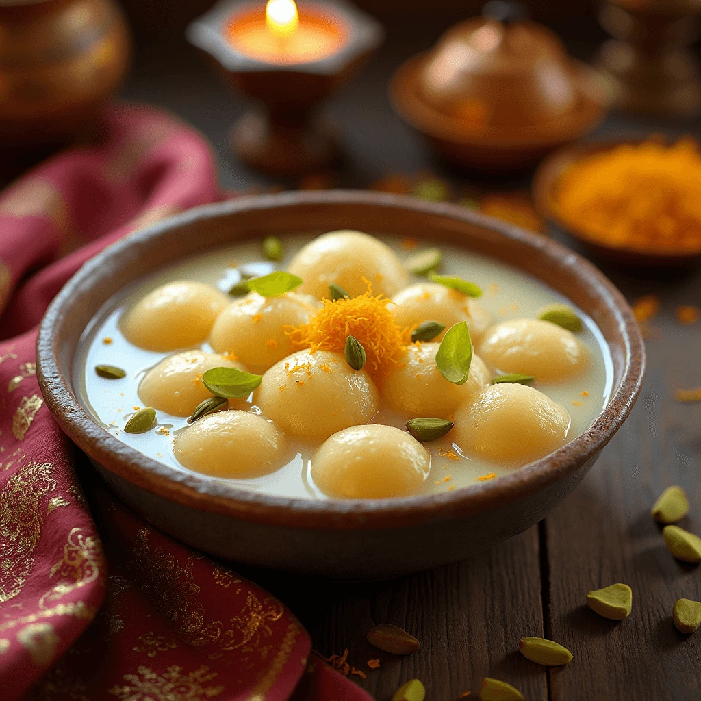 Traditional Homemade Rasmalai dessert with soft Rasgullas in creamy milk, garnished with saffron, cardamom, and pistachios.