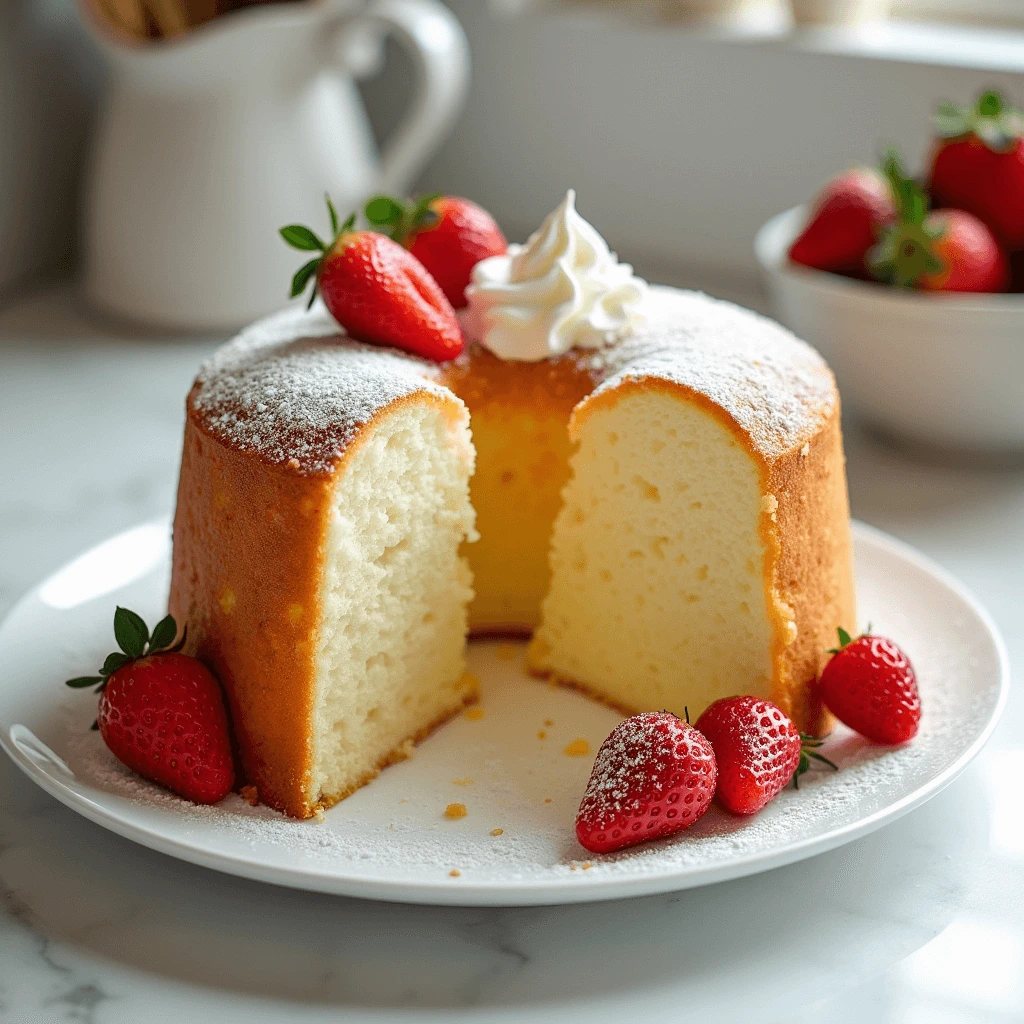 Delicate angel food cake with a light texture, topped with fresh strawberries and a dollop of whipped cream on a white plate.