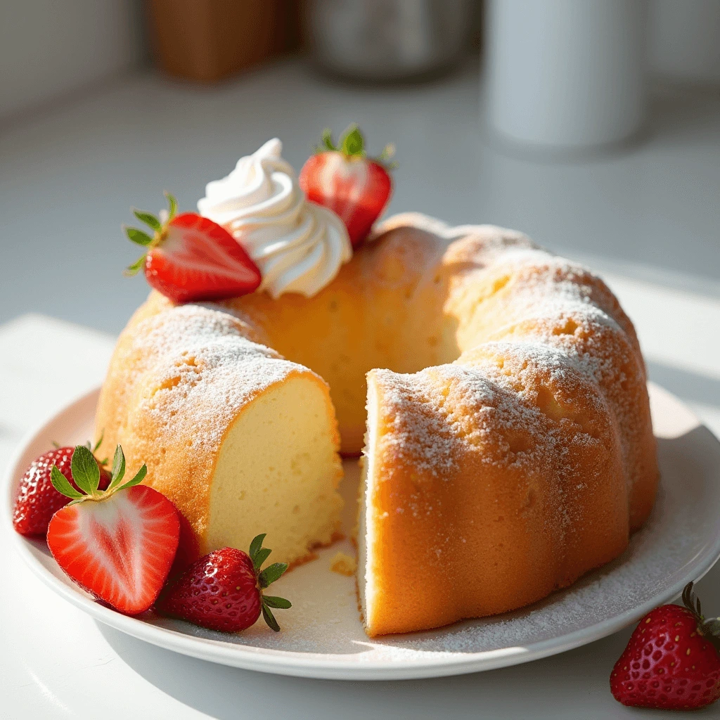 Freshly baked angel food cake with whipped cream and strawberries on a white plate, showcasing its light and airy texture.