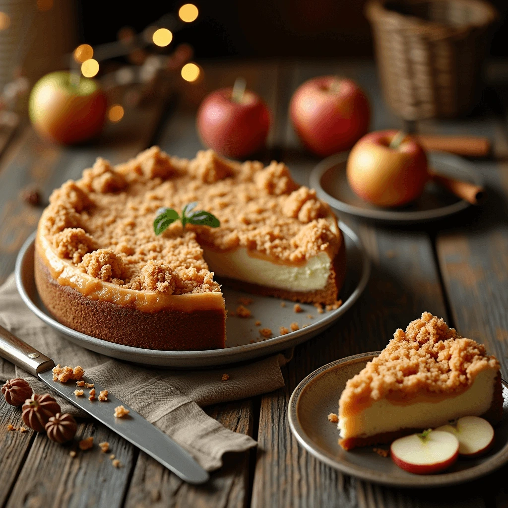 A slice of apple crumble cheesecake on a dessert plate with caramelized apples and crumble topping.