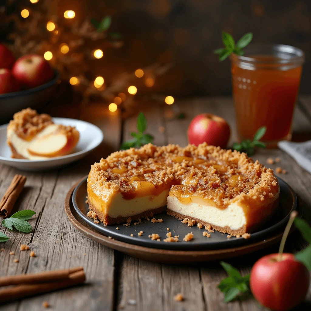 Close-up of a creamy apple crumble cheesecake with a crunchy crumble layer on top.