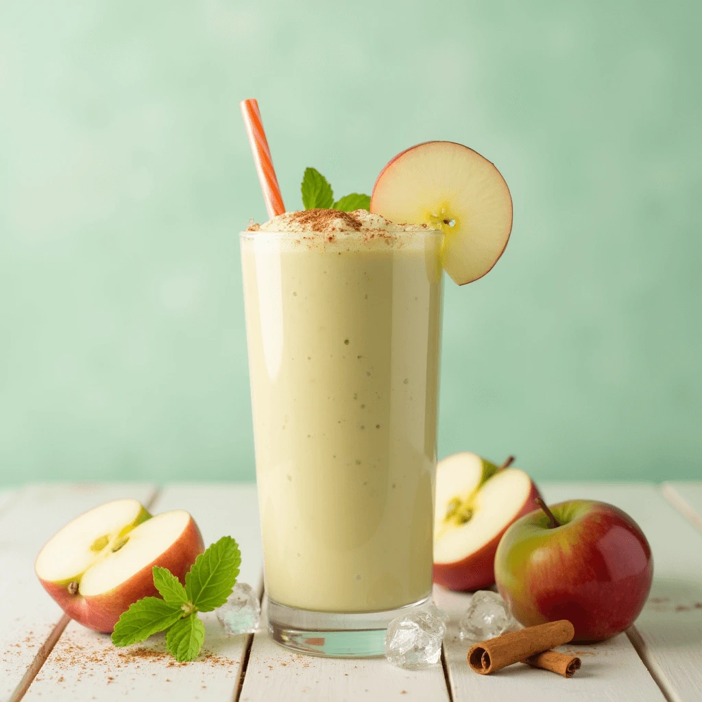 Healthy apple smoothie recipe with green apples, cinnamon, and ice, served in a tall glass.