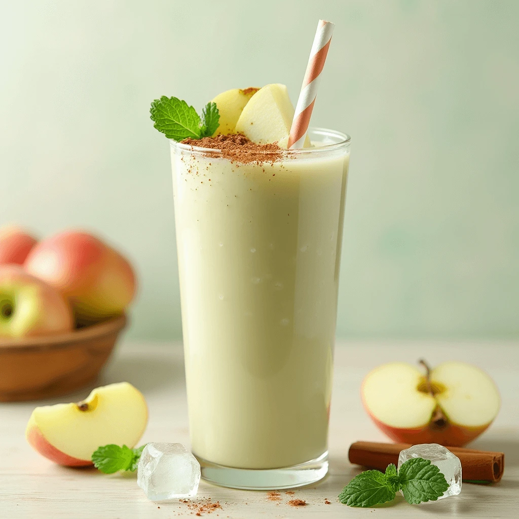 Fresh and creamy apple smoothie made with Greek yogurt, almond milk, and cinnamon, served in a glass.