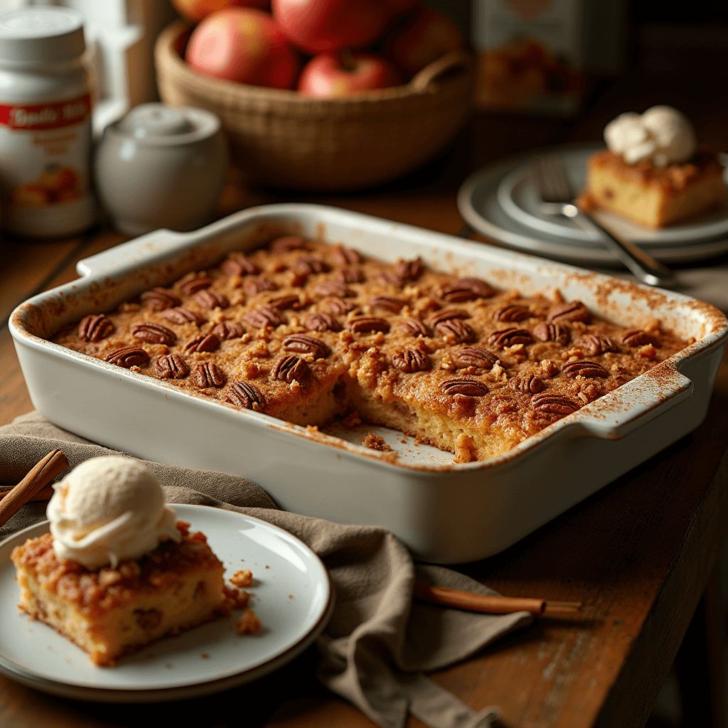 Freshly baked Apple Dump Cake with a golden brown crust, warm apple filling peeking through, and a sprinkle of cinnamon.