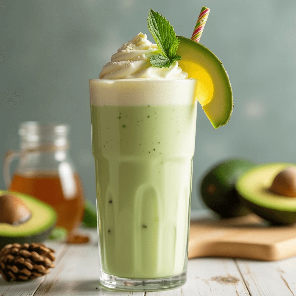 Avocado milkshake in a glass with ice and mint leaves on top, a creamy and nutritious drink.