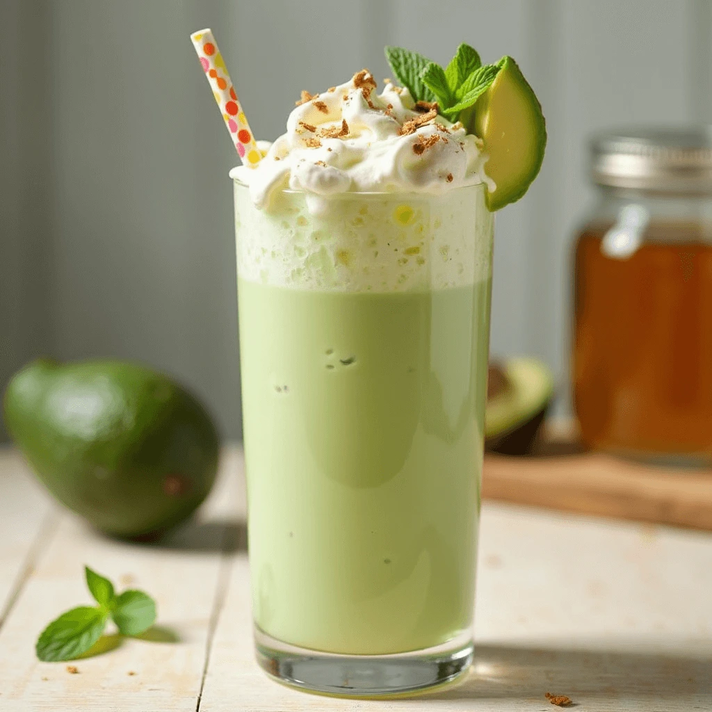 Refreshing avocado milkshake topped with whipped cream and a sprinkle of crushed nuts.