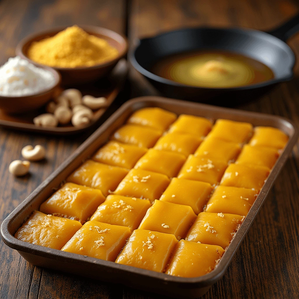 Deliciously rich Ghee Mysore Pak, a traditional Indian sweet made with ghee, chickpea flour, and sugar, served in perfect golden squares.