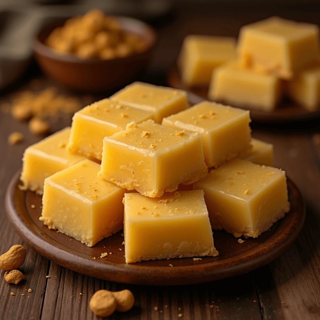 Golden, melt-in-your-mouth Ghee Mysore Pak bars on a rustic wooden surface with cashews and cardamom.