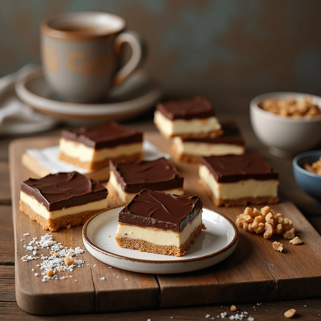 Delicious Nanaimo Bars made without custard powder, with layers of chocolate, custard-like filling, and a crunchy base.