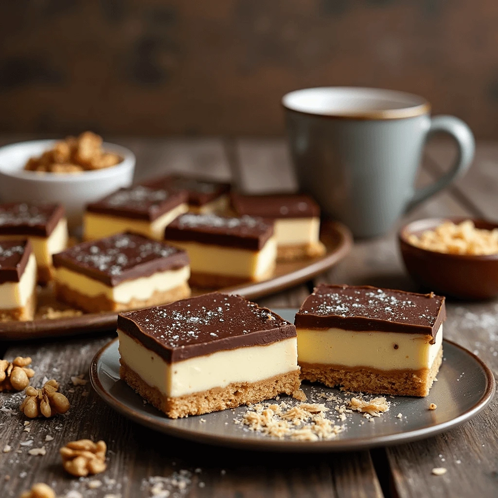 Delicious Nanaimo Bars with a graham cracker crust, creamy vanilla filling, and a shiny chocolate topping, cut into squares.