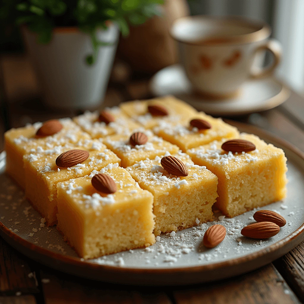 Moist semolina Basbousa cake with golden crust and rosewater syrup.