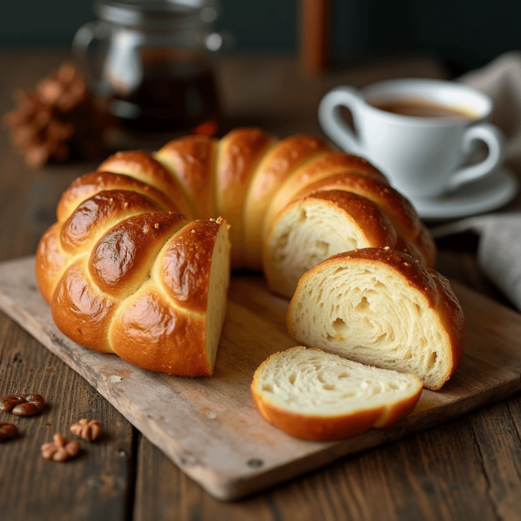 Golden-brown Tsoureki bread on a rustic wooden surface, with a warm cup of coffee next to it.