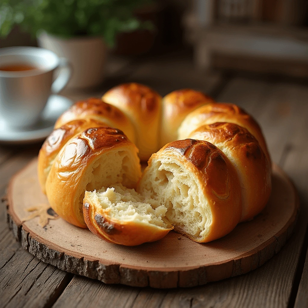 Freshly baked Tsoureki Greek sweet bread on a wooden table, sliced to reveal a soft and fluffy interior.