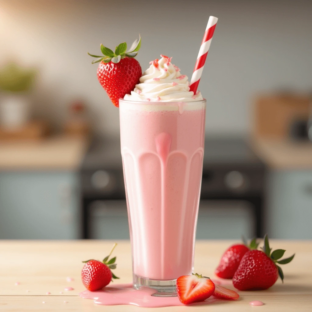 Delicious and creamy strawberry milkshake topped with whipped cream and fresh strawberry slices in a tall glass.