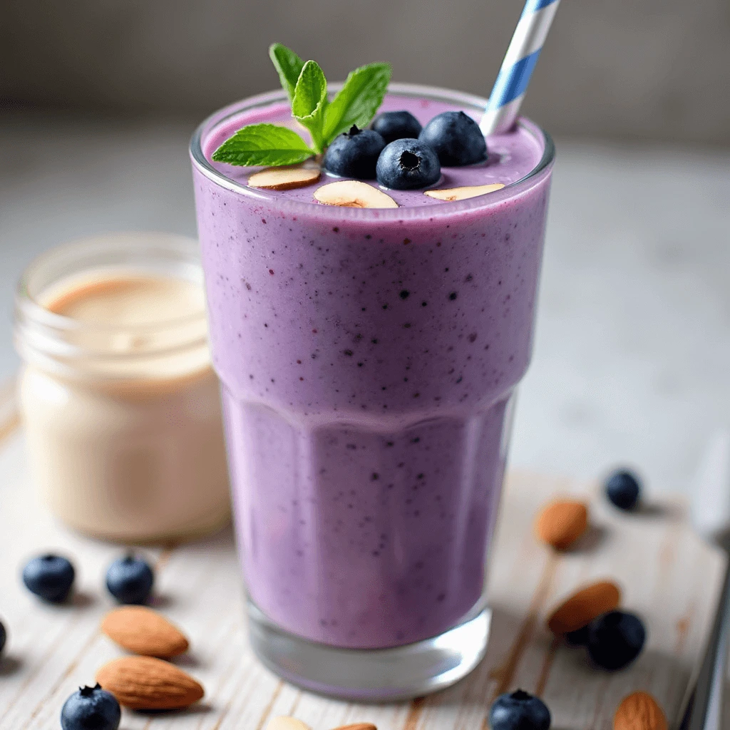 Blueberry-Almond Smoothie: A refreshing blend of blueberries and almond milk, served in a glass with a smooth and creamy texture, topped with fresh almonds.