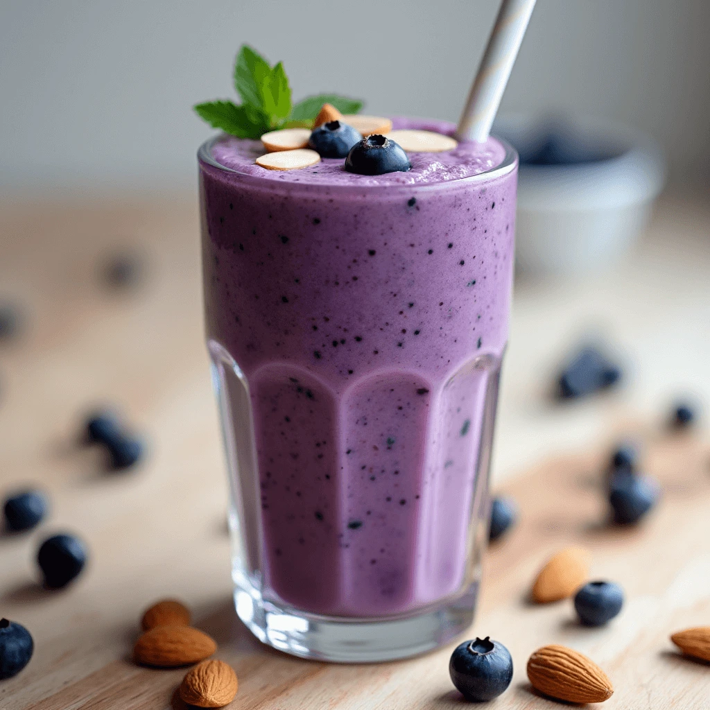 Delicious blueberry-almond smoothie with fresh blueberries and almond slivers in a glass, garnished with almonds and honey.