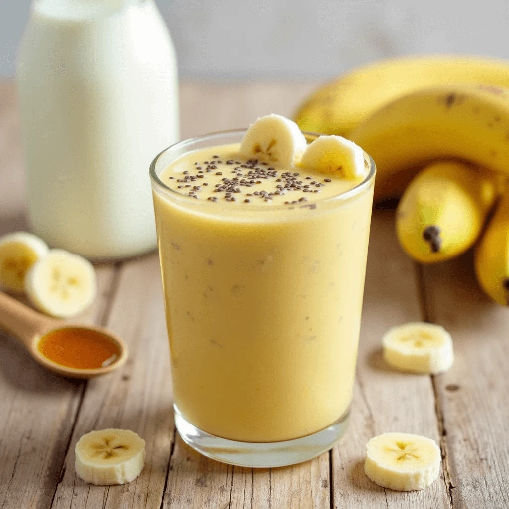 Healthy banana smoothie recipe with milk, honey, and a creamy texture.