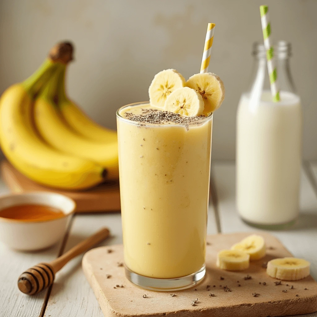 Delicious banana smoothie served in a glass, topped with chia seeds and fresh banana slices.