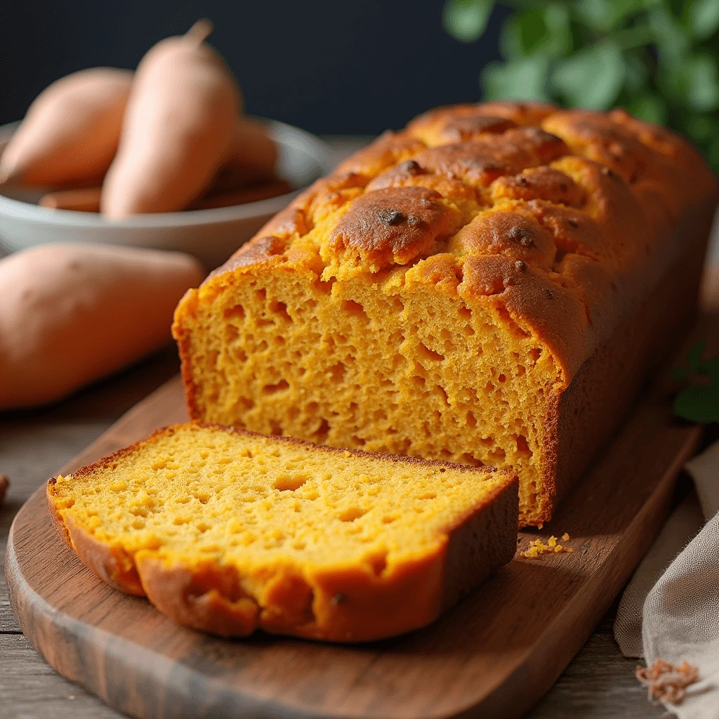 Gluten-free sweet potato bread loaf with a golden brown crust and soft interior