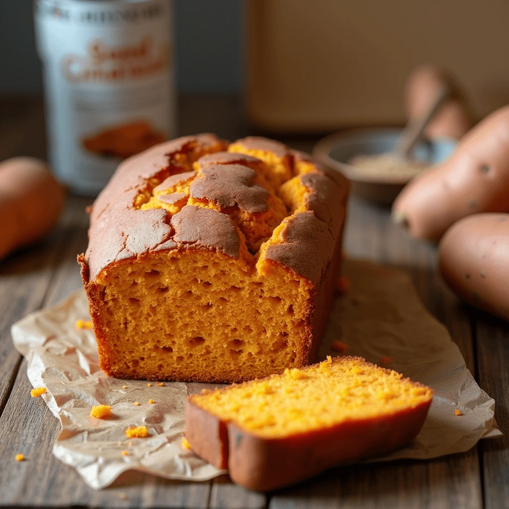 Freshly baked gluten-free sweet potato bread loaf on a wooden table