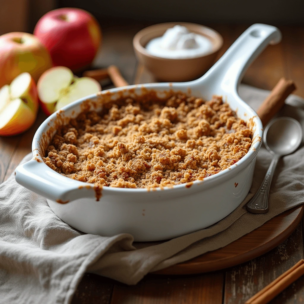 Healthy apple crumble with oat topping served in a white dish