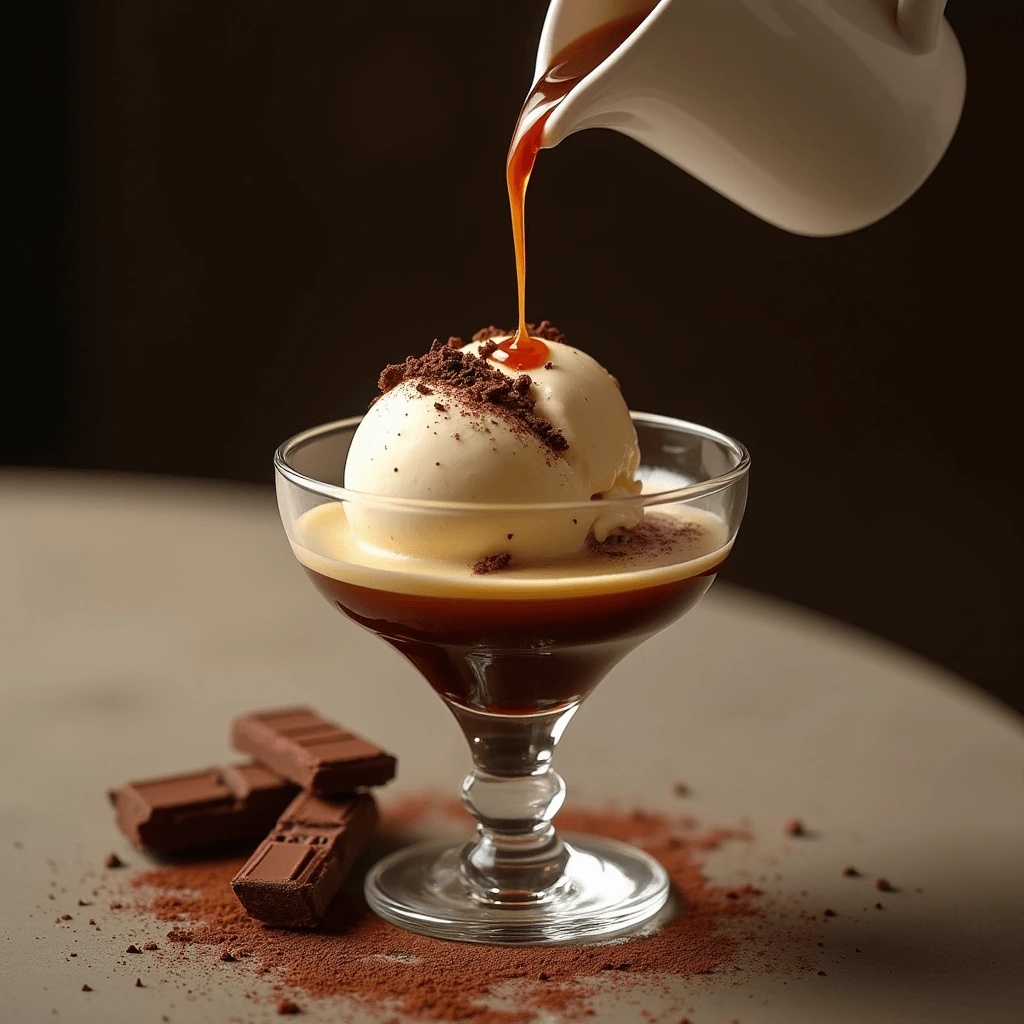 Freshly made café affogato with espresso slowly pouring over smooth vanilla ice cream in a modern coffee setup.
