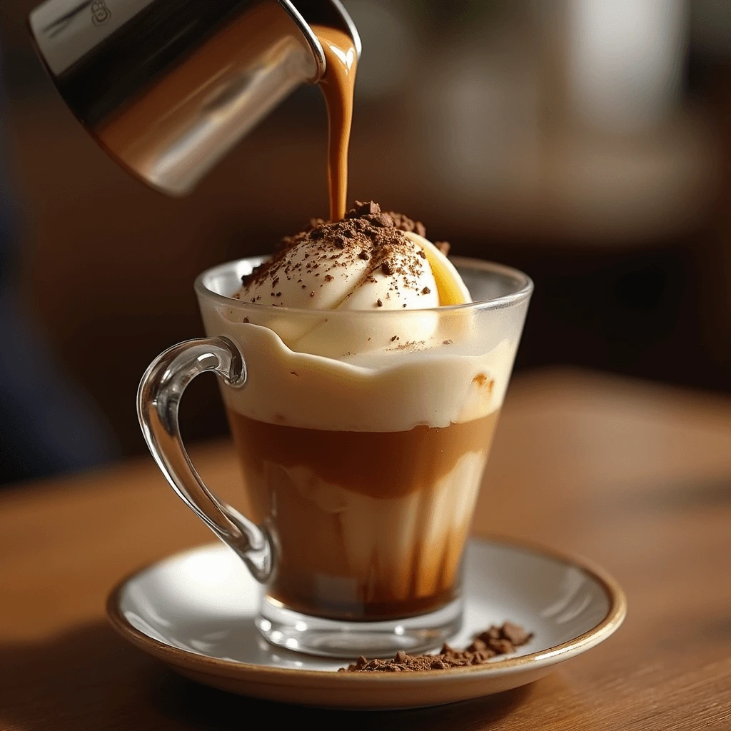 A creamy scoop of vanilla gelato in a glass cup topped with a rich espresso shot, creating the perfect café affogato.