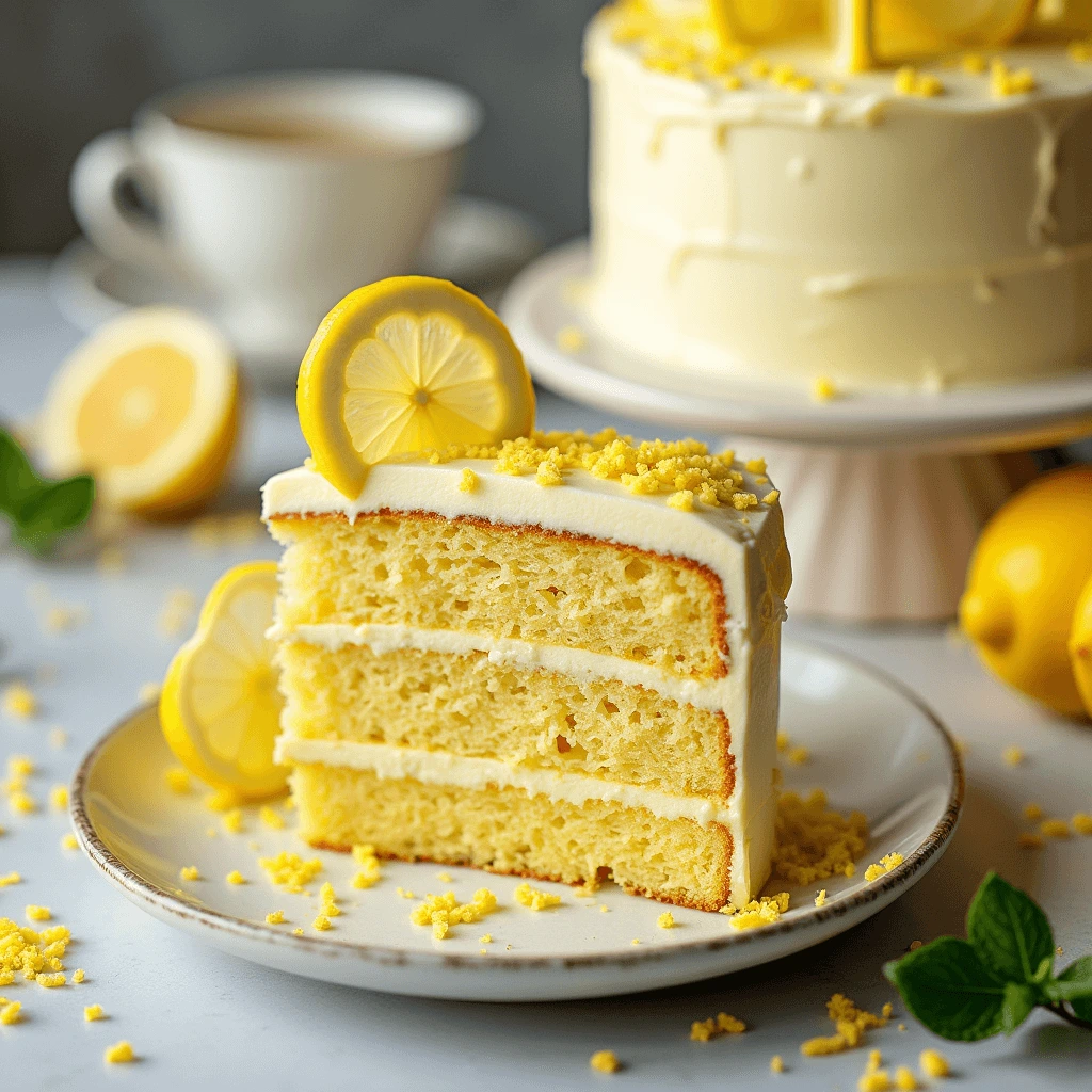 A slice of moist lemon velvet cake with a light and fluffy texture, topped with creamy lemon frosting.