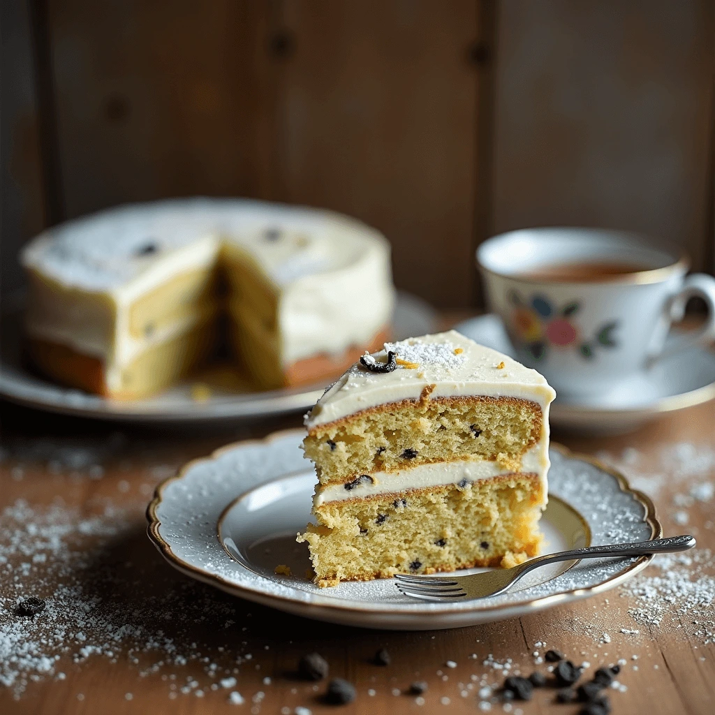 Sliced Earl Grey cake with buttercream frosting, dusted with powdered sugar, served with a cup of tea.