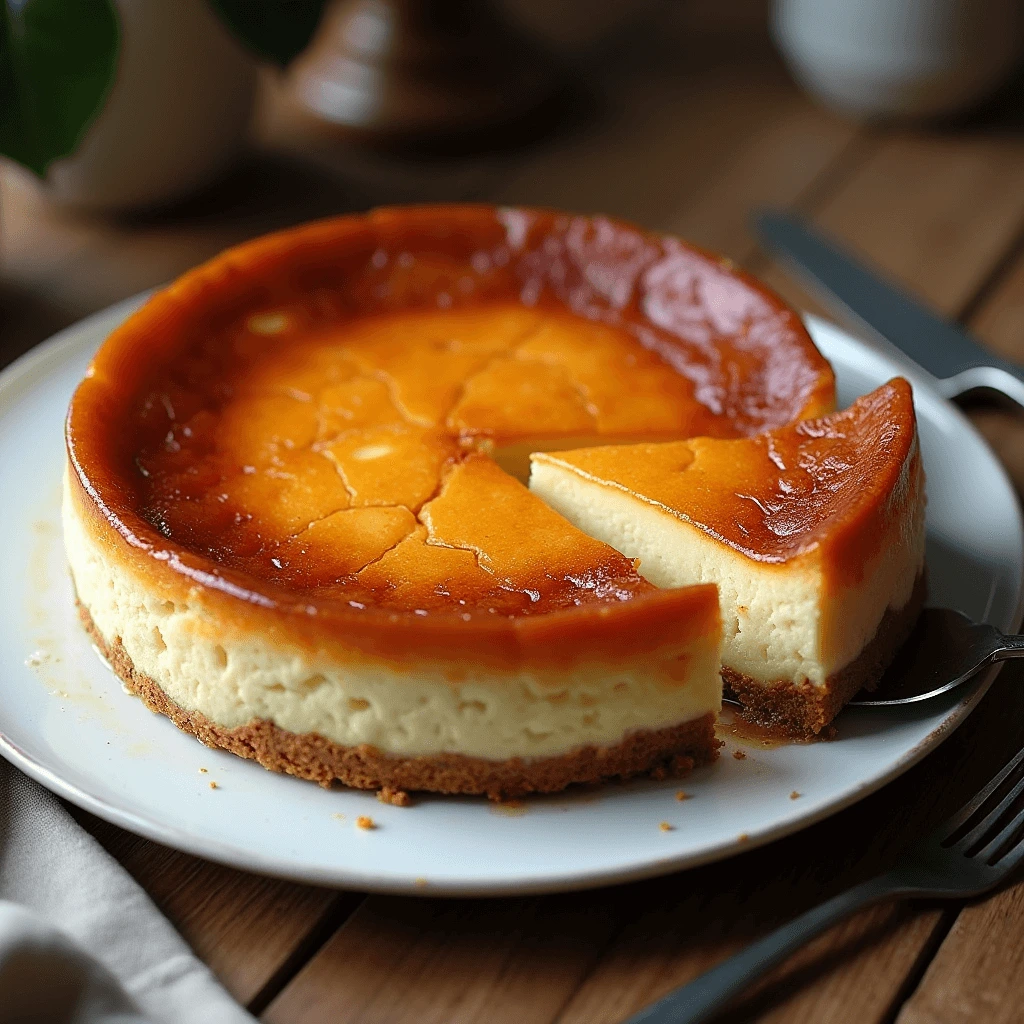 Deliciously golden-brown burnt Basque cheesecake with a creamy, smooth center, served on a plate.