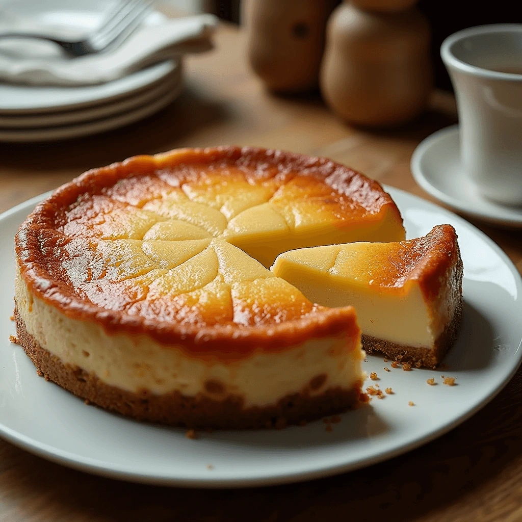 Golden Burnt Basque Cheesecake with a caramelized top and creamy center, served on a rustic wooden table with a slice cut out.