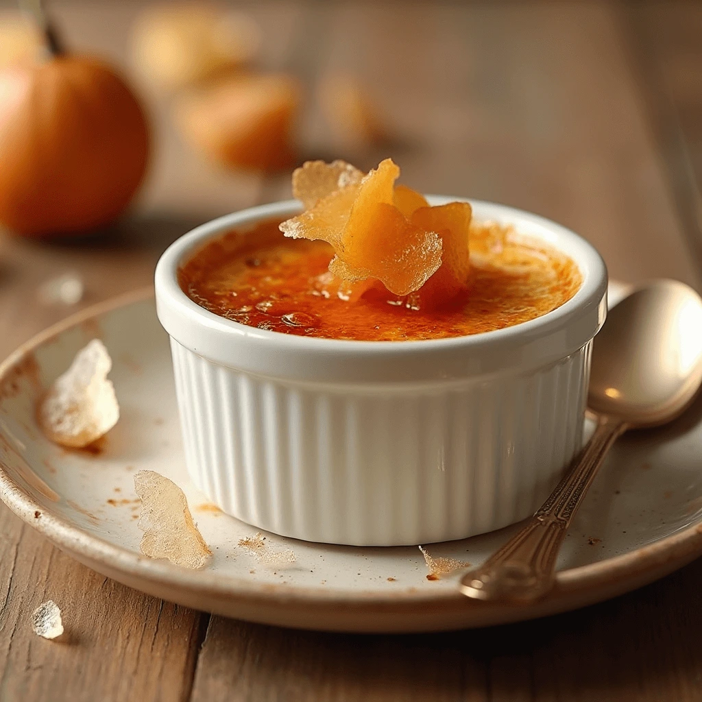 Caramel crème brûlée in a ramekin with caramel shards and a velvety texture.