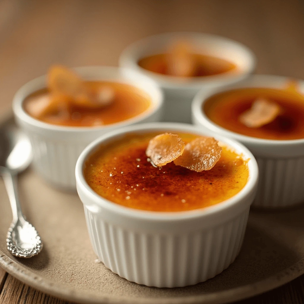 Golden caramelized sugar layer on a classic crème brûlée served with a decorative spoon.