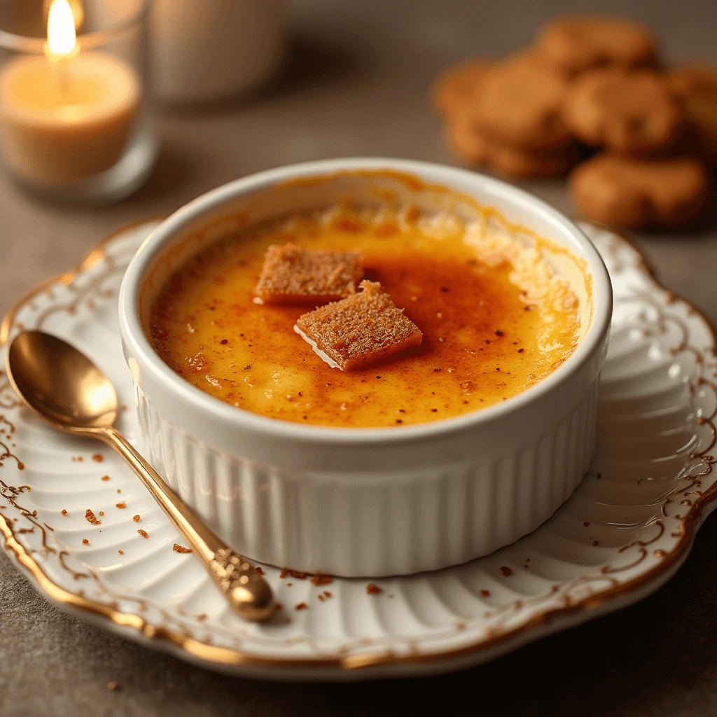 Close-up of caramel crème brûlée in a white ramekin with a golden caramelized sugar topping.