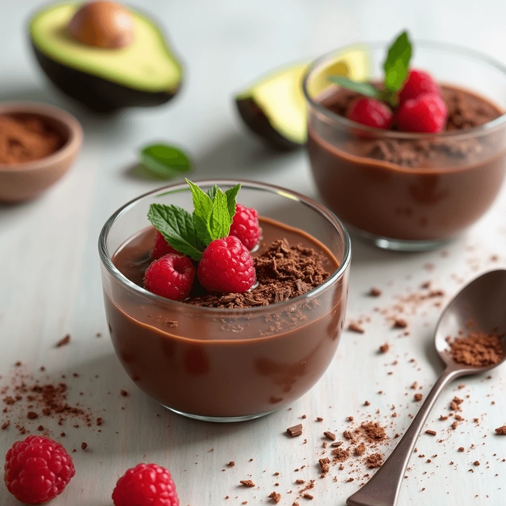 Vegan avocado chocolate pudding topped with fresh berries and chocolate chips on a marble surface.