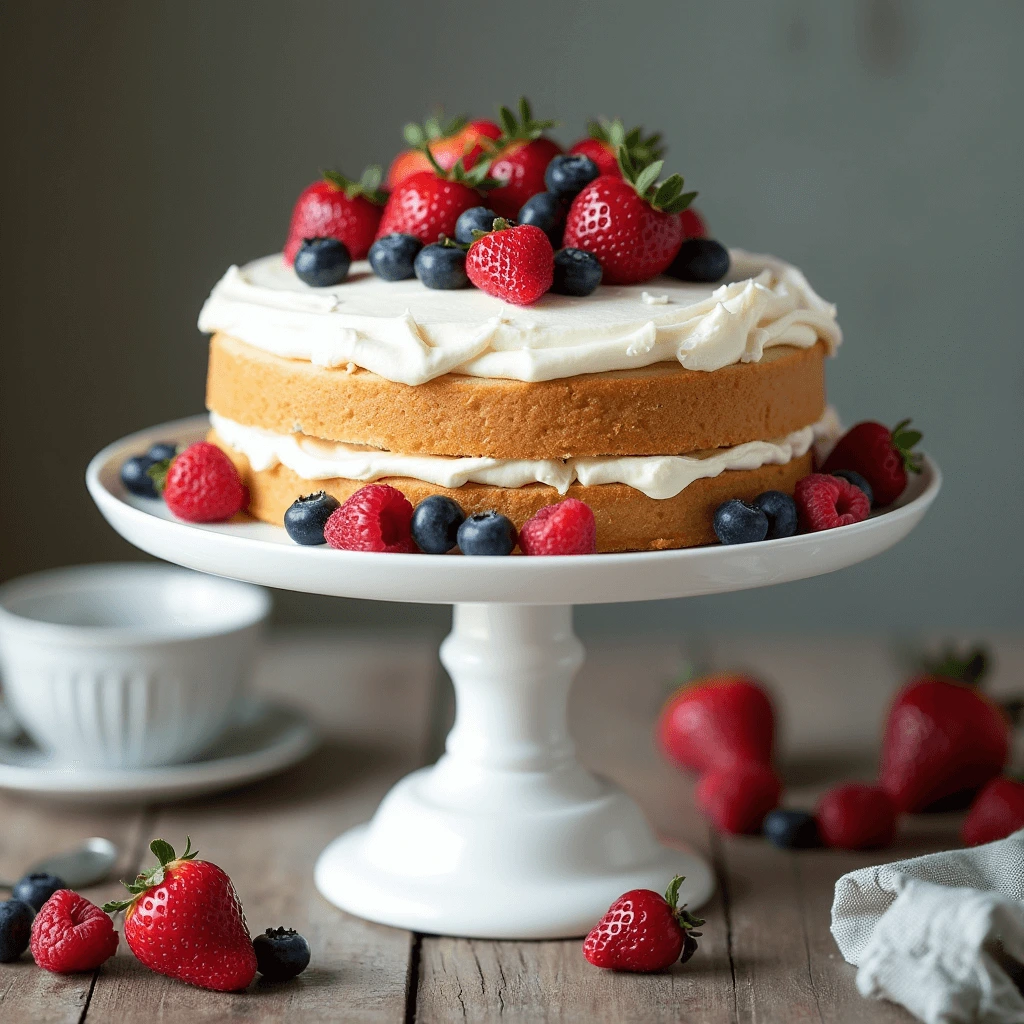 Beautifully decorated Berry Chantilly Cake on a rustic table with fresh berries