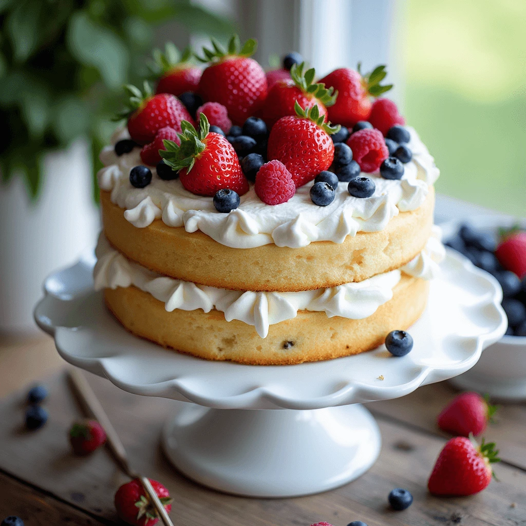 Close-up of a vanilla cake layered with whipped cream and colorful berries