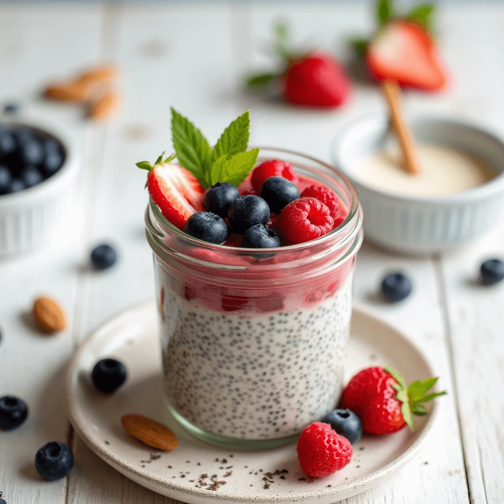 Chia pudding breakfast bowl garnished with sliced strawberries, chia seeds, and a sprig of mint.