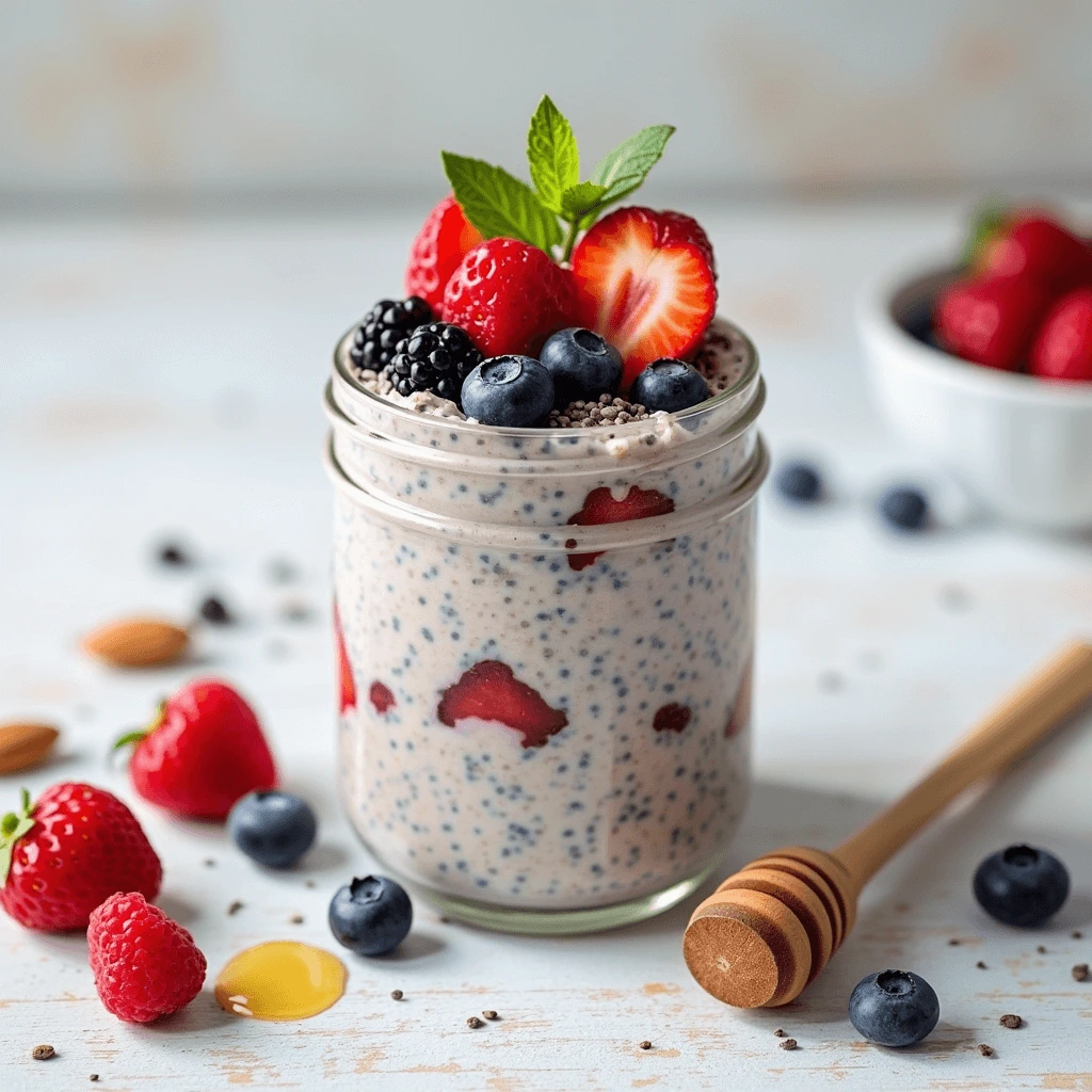 Close-up of creamy chia pudding with vibrant blueberries, raspberries, and a drizzle of honey.