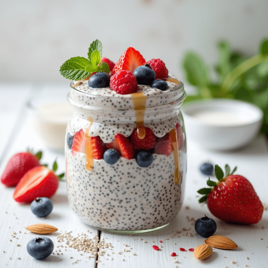 A jar of chia pudding layered with almond milk, topped with fresh berries and mint on a rustic wooden table.