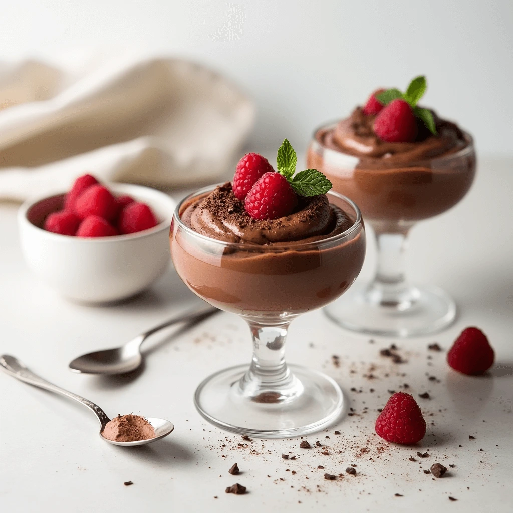 Delicious and creamy vegan chocolate mousse topped with fresh raspberries and shaved dark chocolate, served in elegant glass jars.