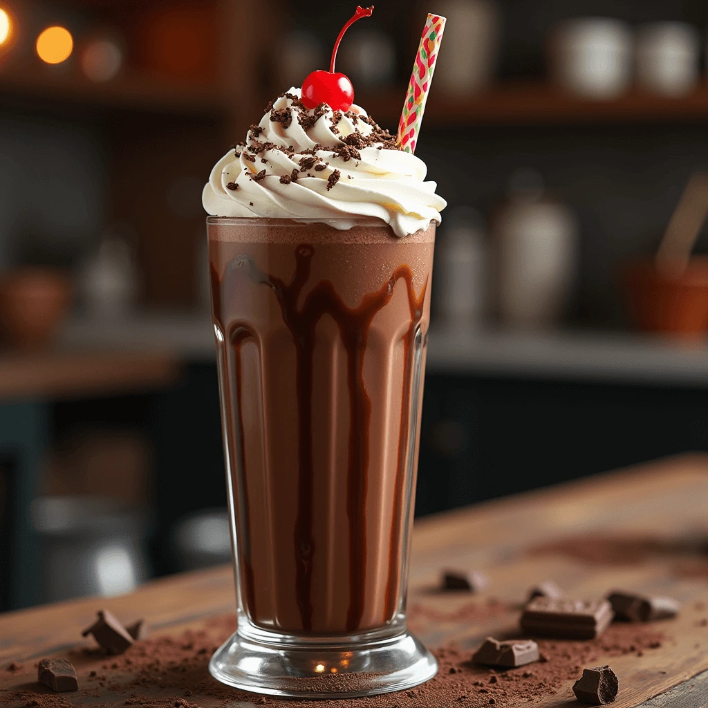 Chocolate milkshake topped with whipped cream and chocolate syrup, served in a glass.